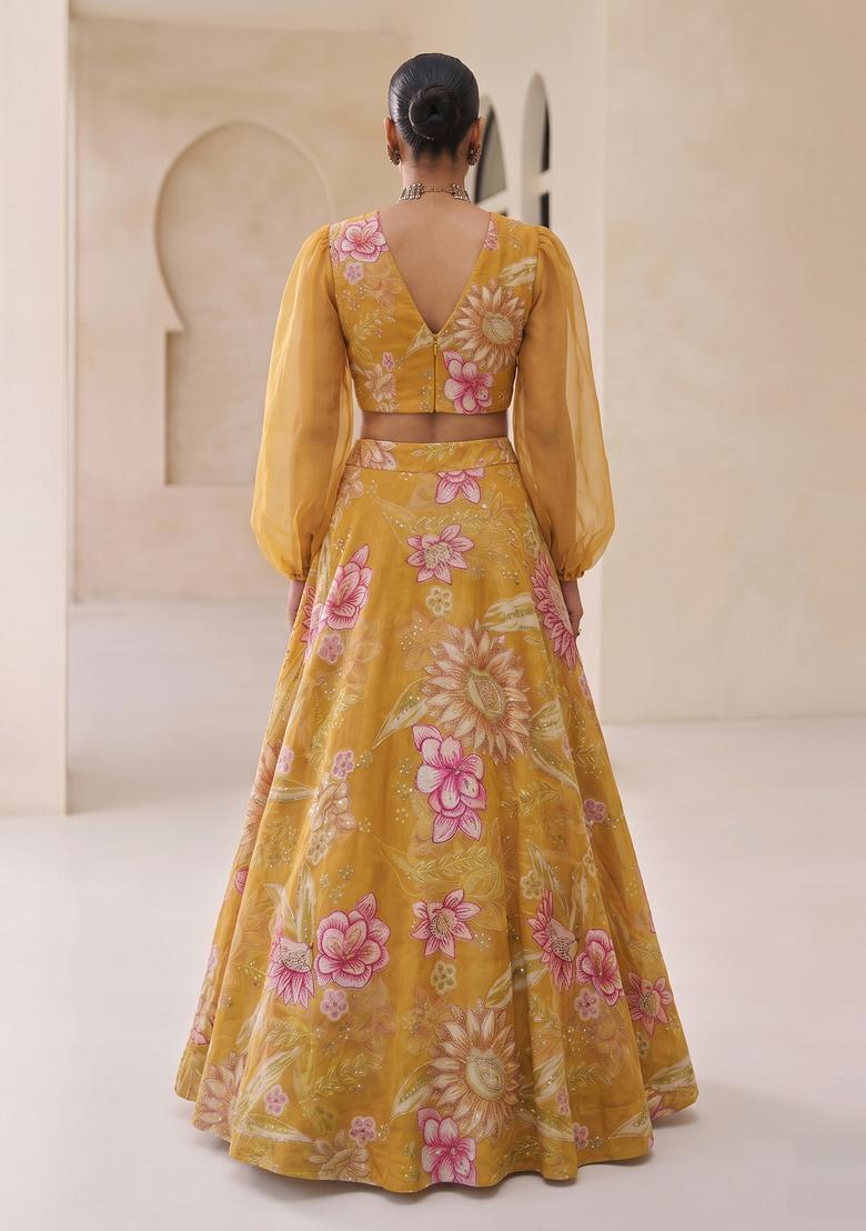 Mustard Yellow Printed Organza Lehenga Set - Indya