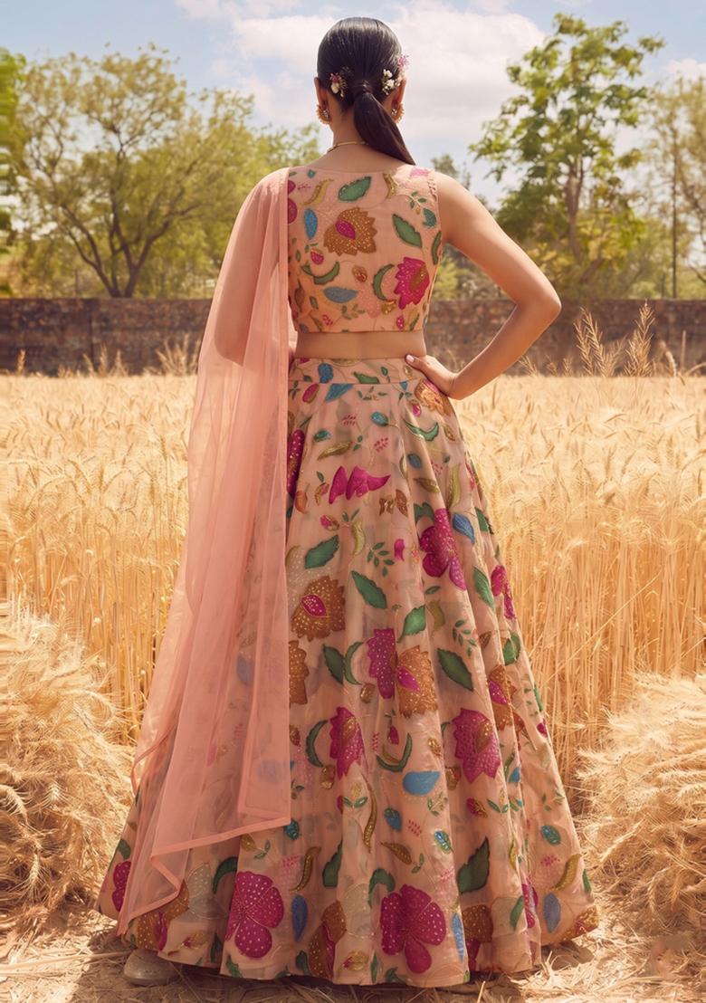 Peach Embroidered Organza Lehenga Set - Indya