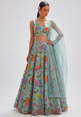 Pastel Blue Embroidered Organza Lehenga Set