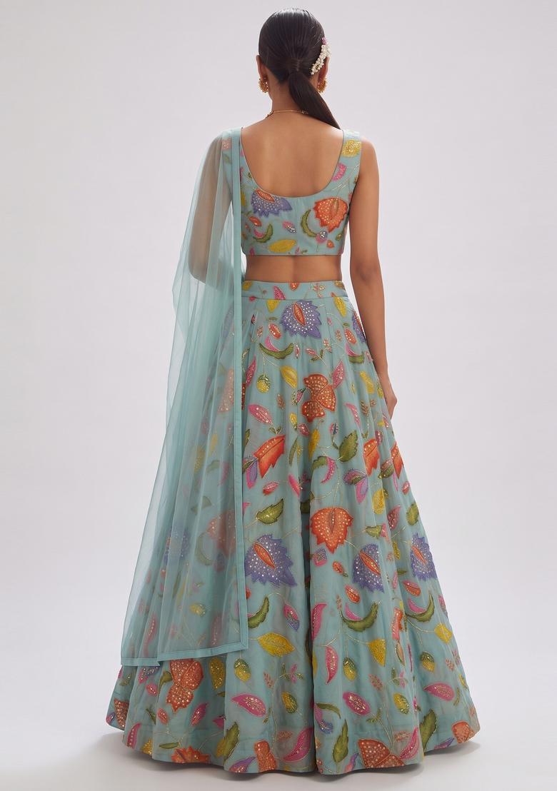 Pastel Blue Embroidered Organza Lehenga Set - Indya