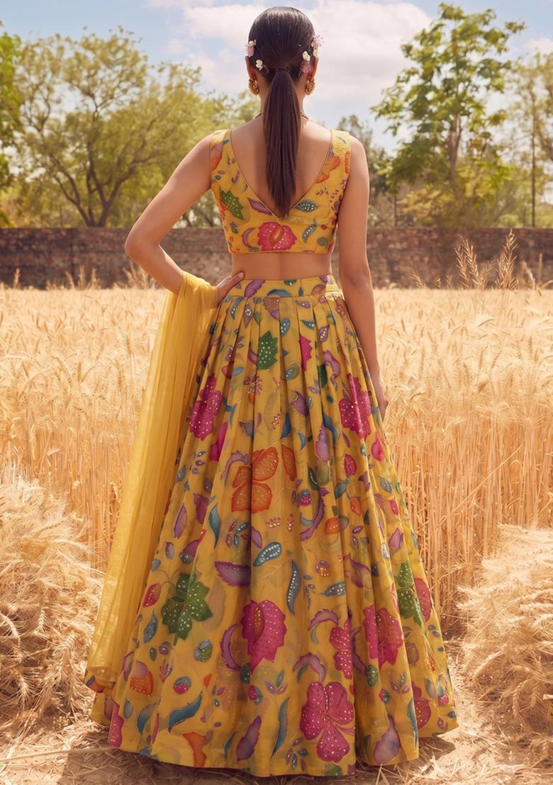 Mustard Yellow Printed Organza Lehenga Set - Indya
