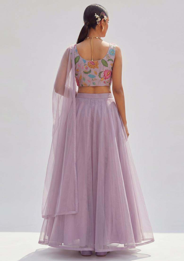 Lavender Embroidered Organza Lehenga Set - Indya