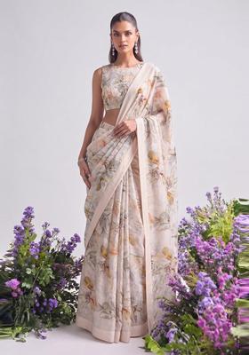 Off White Printed Organza Pre Draped Saree Set
