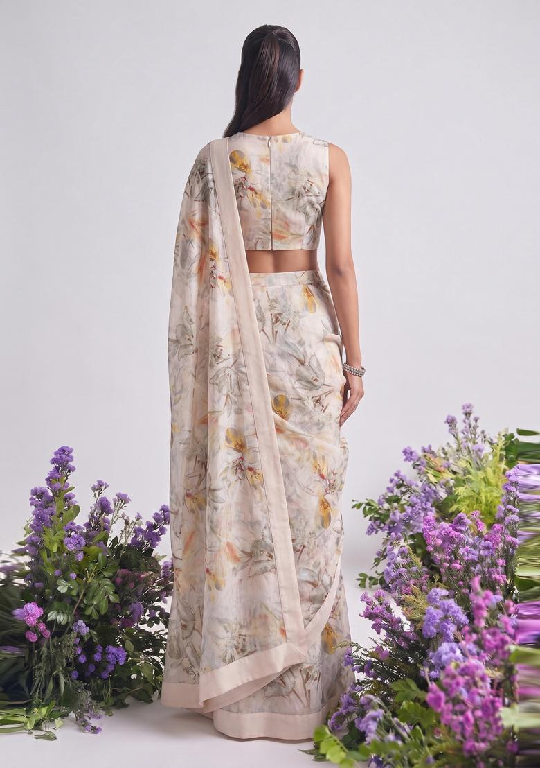 Off White Printed Organza Pre Draped Saree Set - Indya