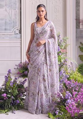 Lilac Printed Organza Pre Draped Saree Set