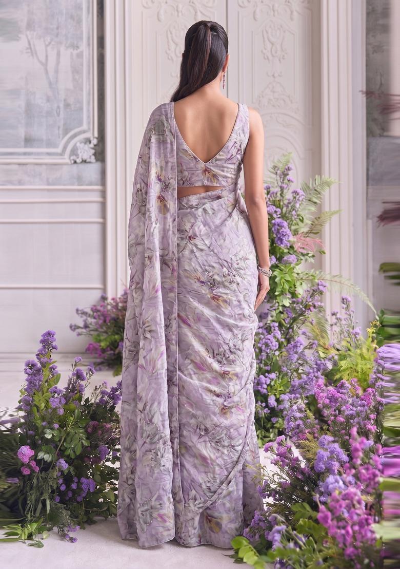 Lilac Printed Organza Pre Draped Saree Set - Indya