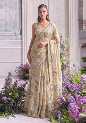 Pastel Yellow Printed Organza Pre Draped Saree Set