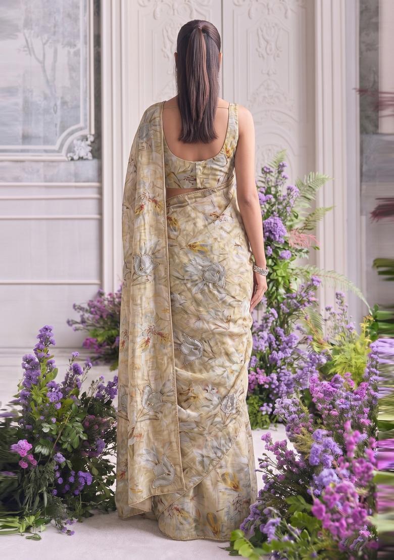 Pastel Yellow Printed Organza Pre Draped Saree Set - Indya