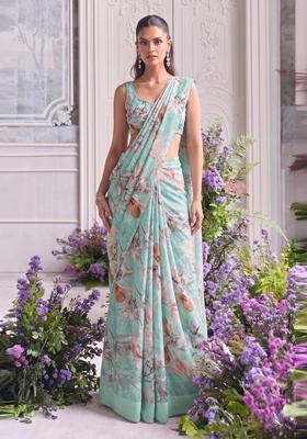 Mint Green Printed Organza Pre Draped Saree Set