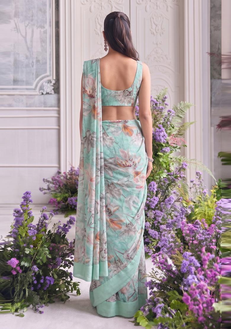 Mint Green Printed Organza Pre Draped Saree Set - Indya