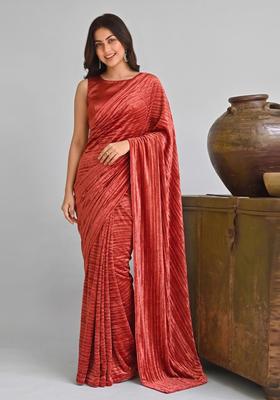 Red Solid Satin Pre Draped Saree Set