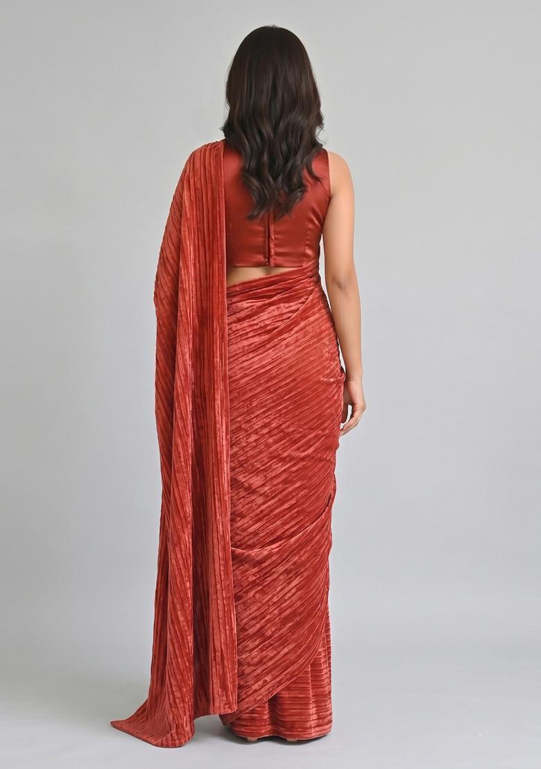 Red Solid Satin Pre Draped Saree Set - Indya