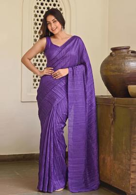 Purple Solid Satin Pre Draped Saree Set
