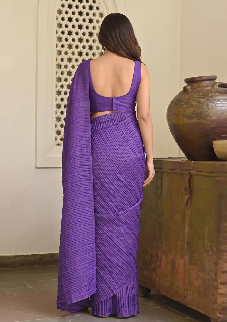 Purple Solid Satin Pre Draped Saree Set - Indya