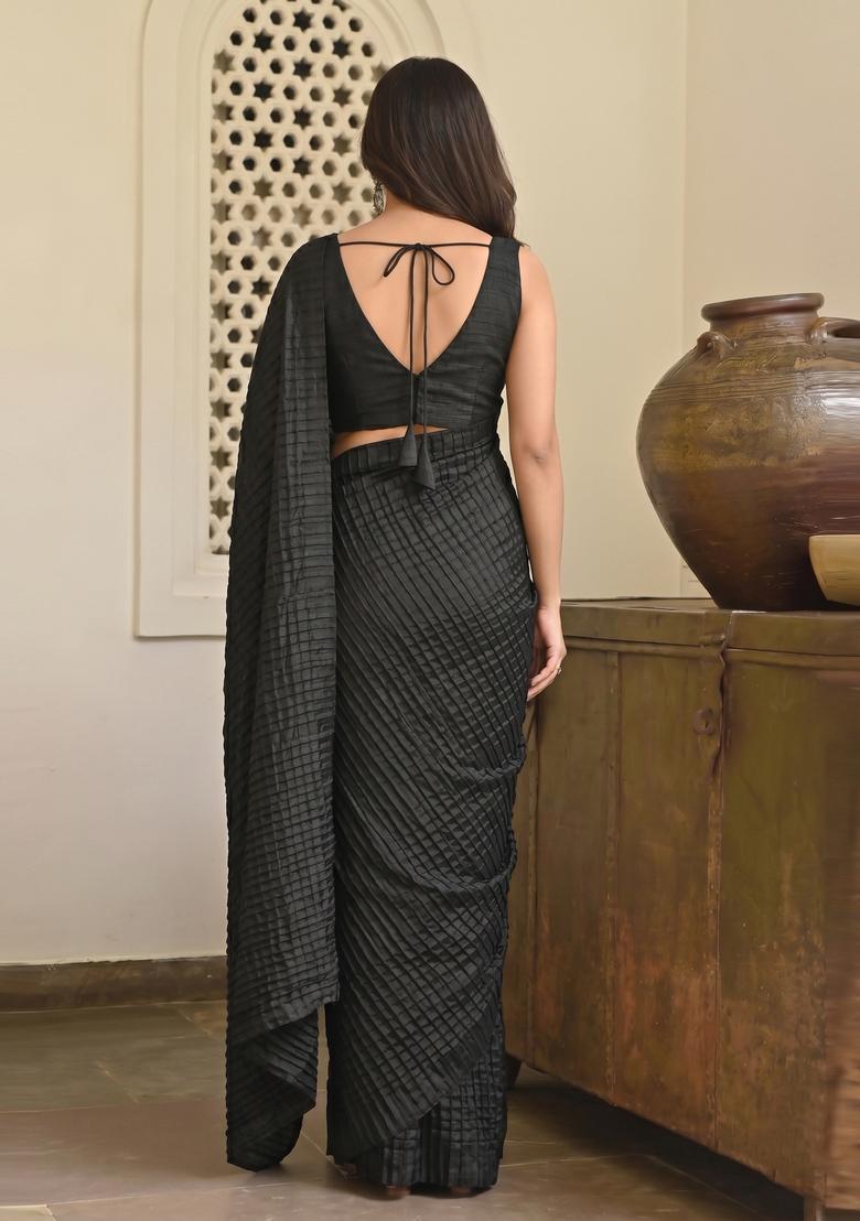 Black Solid Satin Pre Draped Saree Set - Indya
