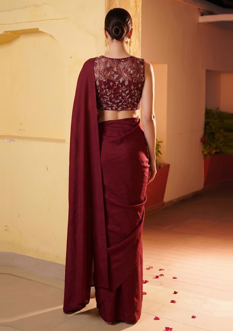 Maroon Embroidered Pre Draped Saree Set - Indya
