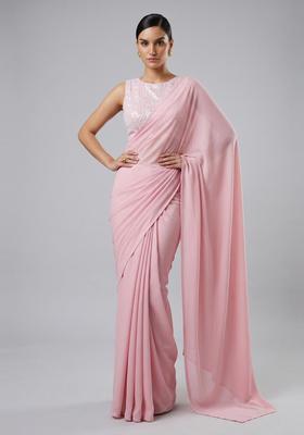 Light Pink Sequin Pre Draped Saree Set