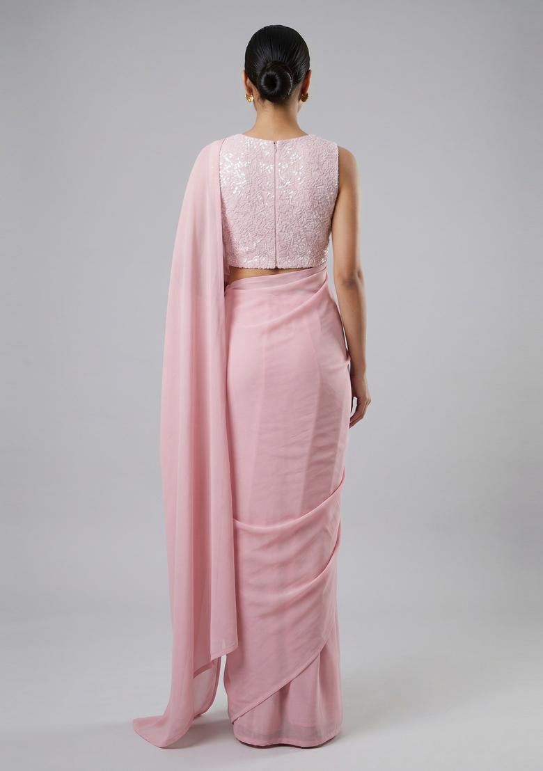 Light Pink Sequin Pre Draped Saree Set - Indya