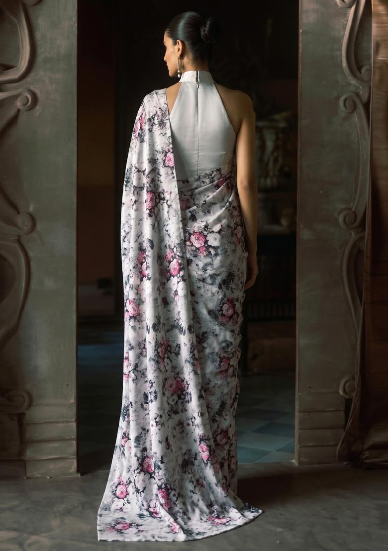 Grey Printed Silk Blend Pre Draped Saree Set - Indya
