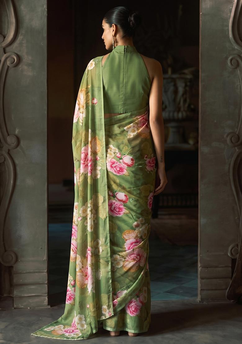 Olive Green Solid Pre Draped Saree Set - Indya