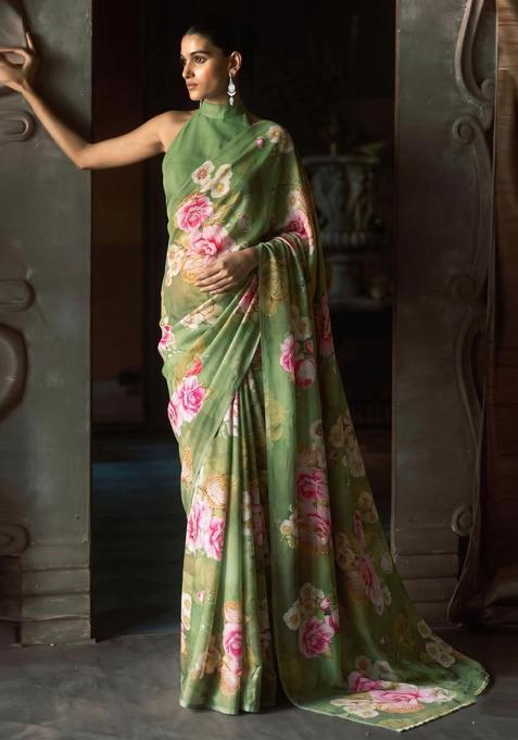 Olive Green Solid Pre Draped Saree Set