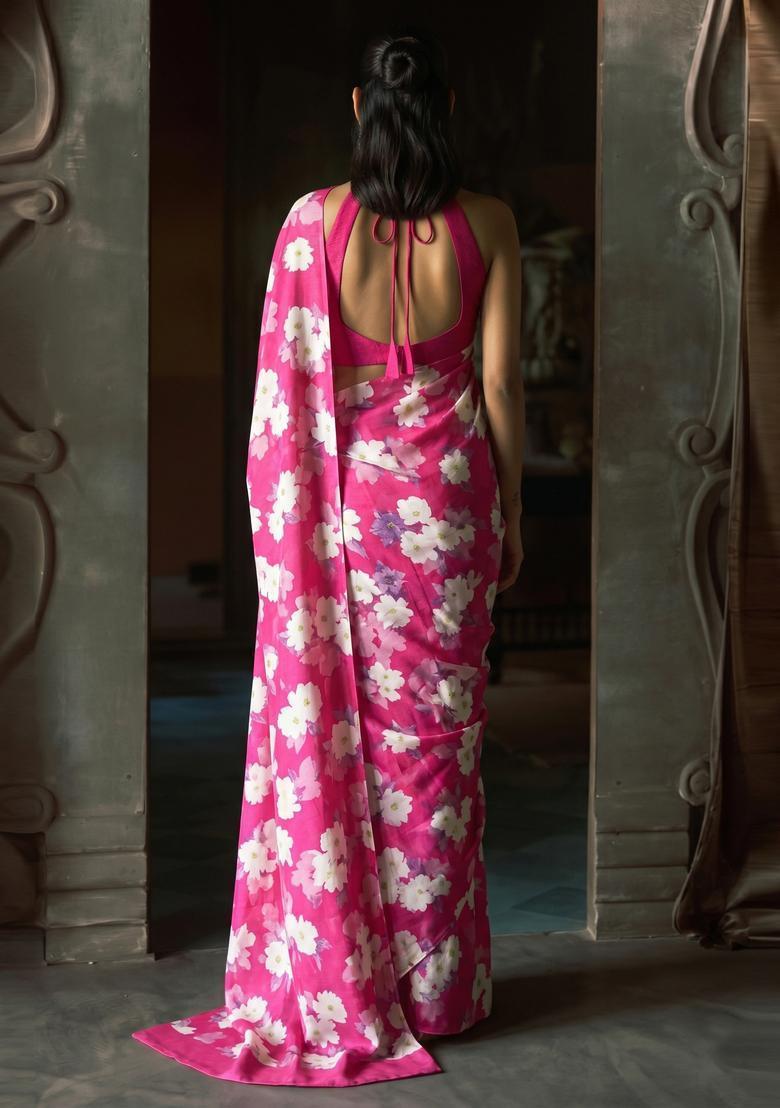 Magenta Printed Silk Blend Pre Draped Saree Set - Indya