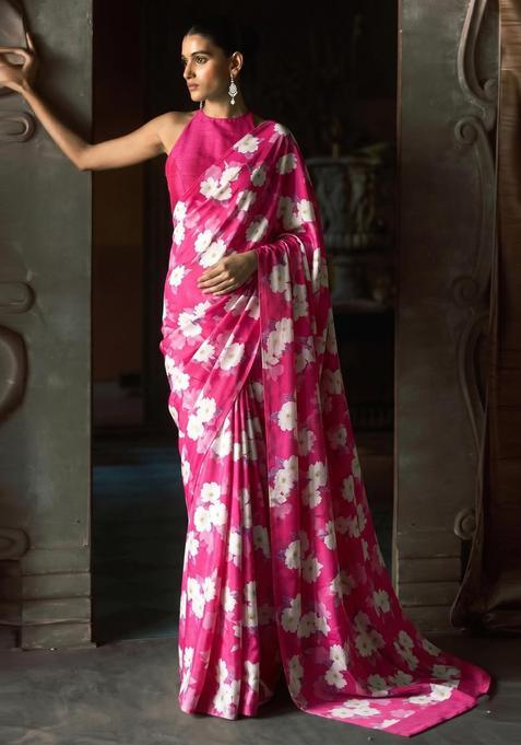 Magenta Printed Silk Pre Draped Saree Set