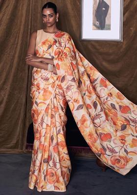 Orange Solid Organza Pre Draped Saree Set