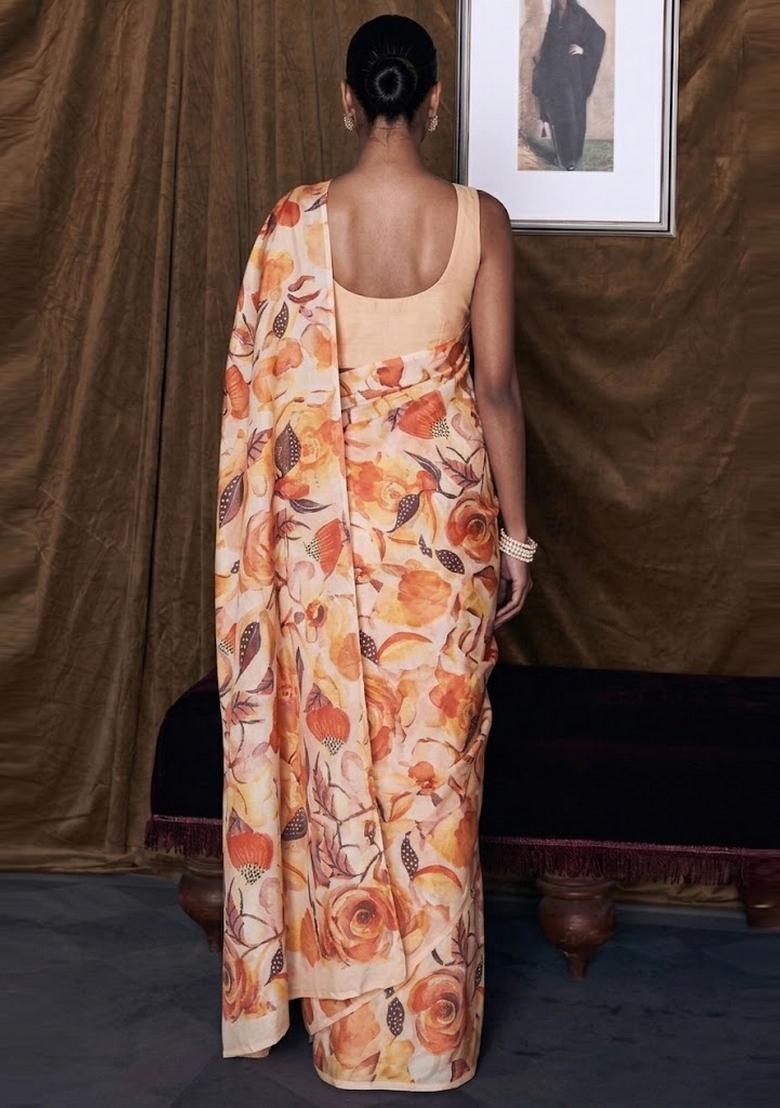 Orange Solid Organza Pre Draped Saree Set - Indya