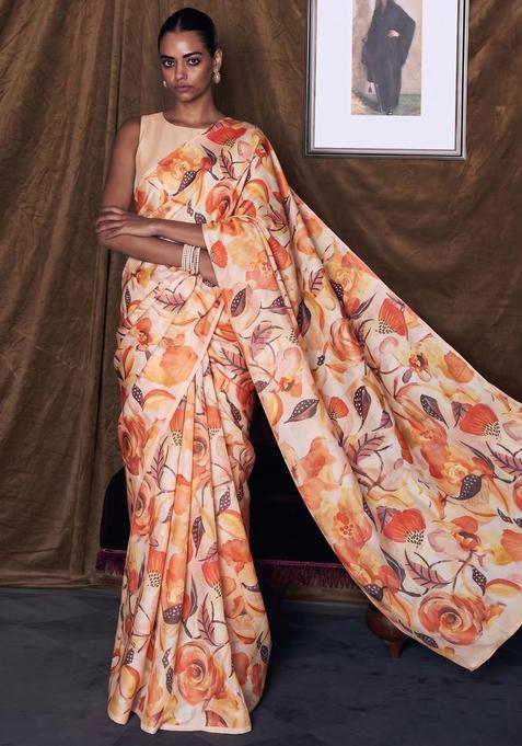 Orange Solid Organza Pre Draped Saree Set