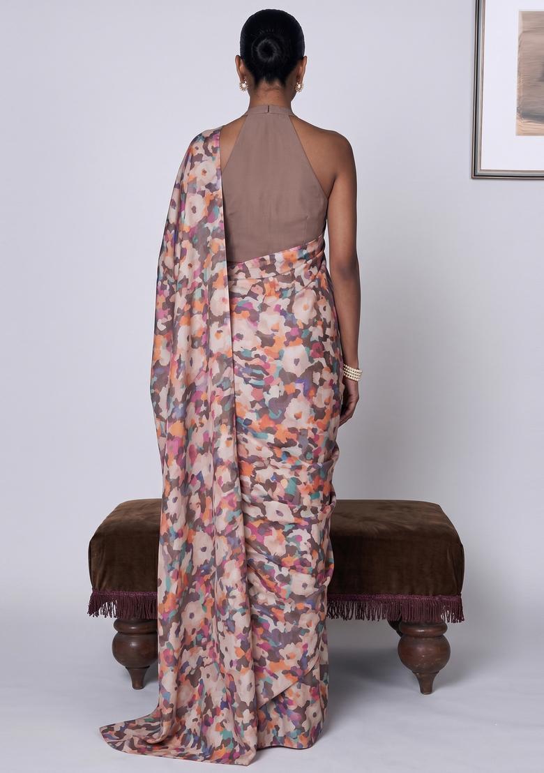 Multicolor Solid Organza Pre Draped Saree Set - Indya