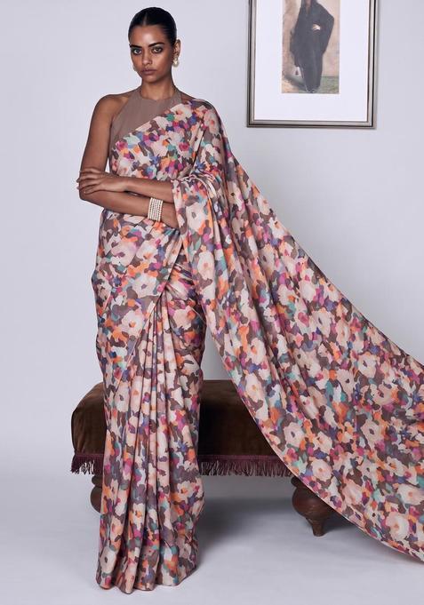 Multicolor Solid Organza Pre Draped Saree Set