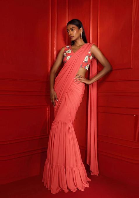 Coral Printed Georgette Pre Draped Saree Set