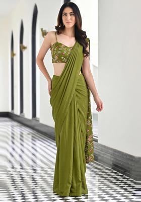Olive Green Embroidered Crepe Pre Draped Saree Set