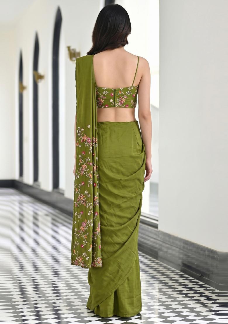 Olive Green Embroidered Crepe Pre Draped Saree Set - Indya
