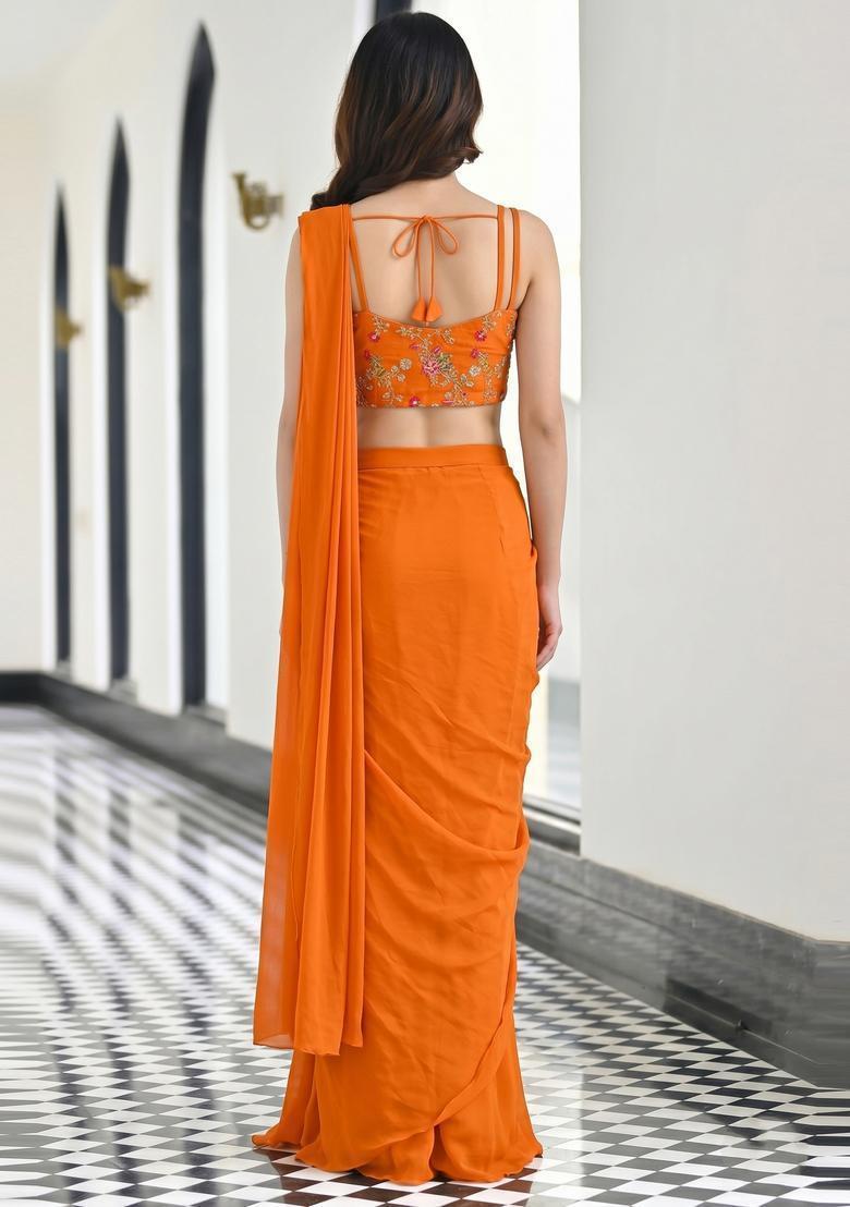 Bright Orange Embroidered Crepe Pre Draped Saree Set - Indya