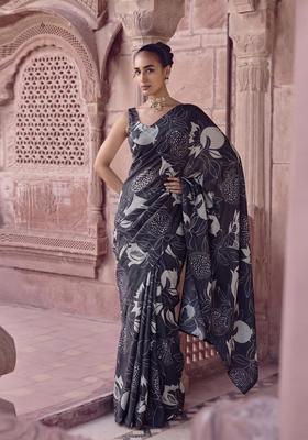 Black Printed Georgette Pre Draped Saree Set