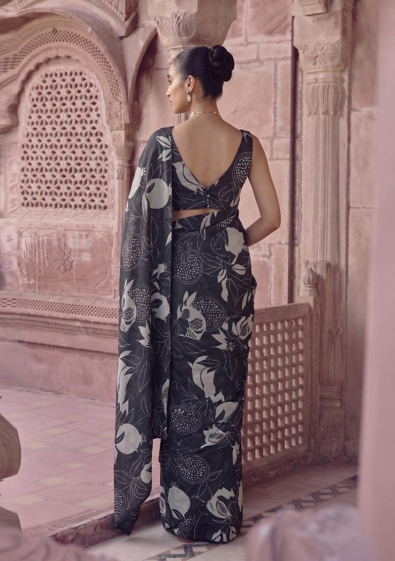 Black Printed Georgette Pre Draped Saree Set - Indya