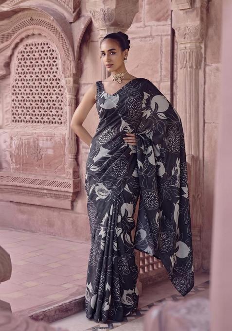 Black Printed Georgette Pre Draped Saree Set