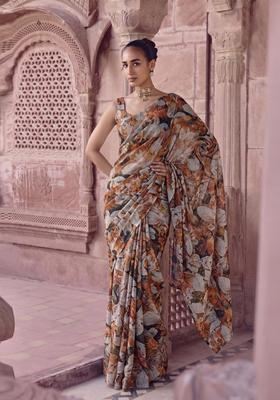 Grey Printed Georgette Pre Draped Saree Set