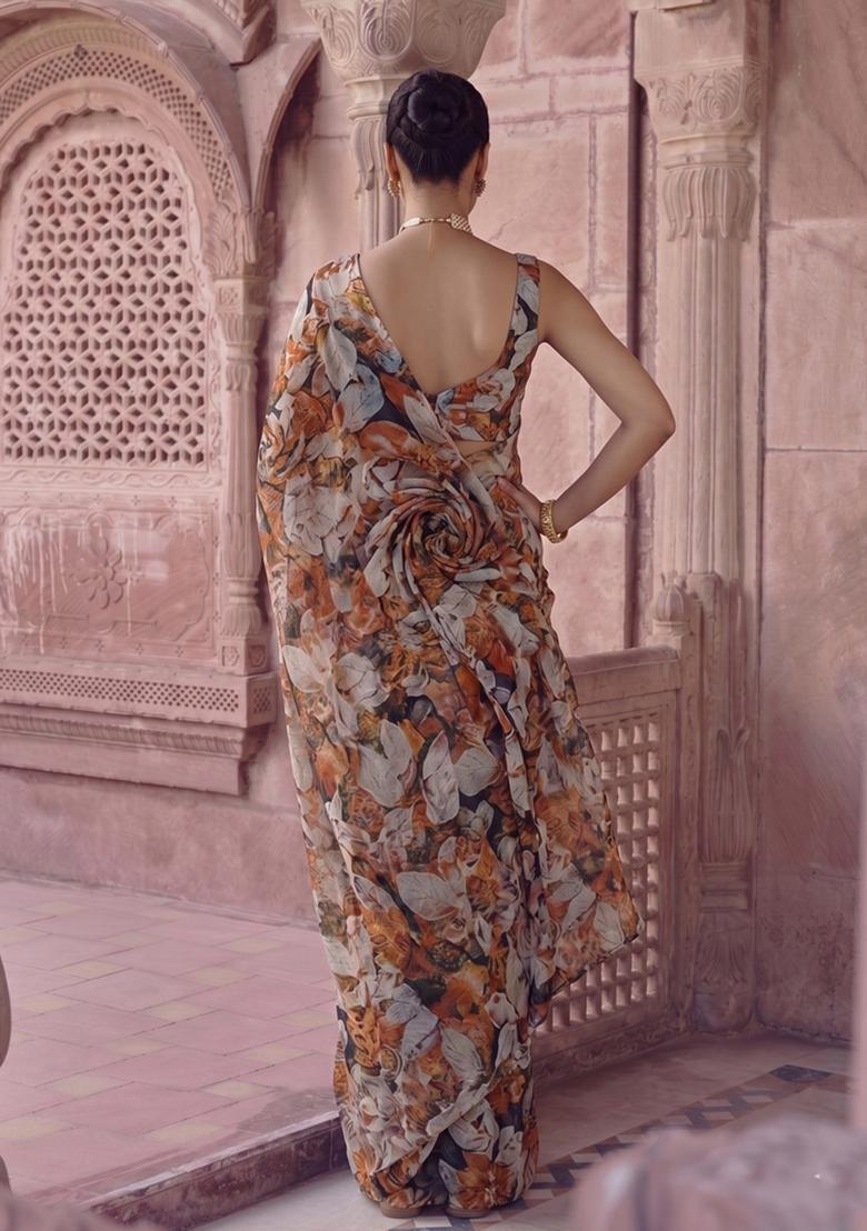 Grey Printed Georgette Pre Draped Saree Set - Indya