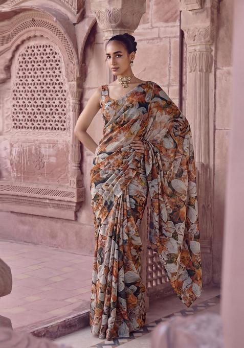 Grey Printed Georgette Pre Draped Saree Set