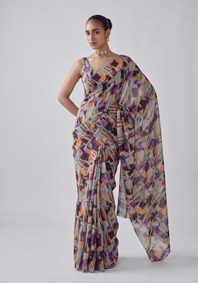 Grey Printed Georgette Pre Draped Saree Set