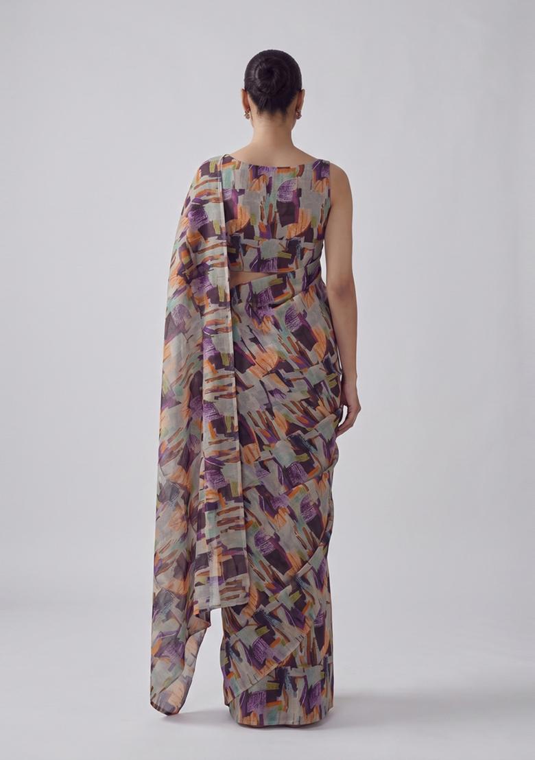 Grey Printed Georgette Pre Draped Saree Set - Indya