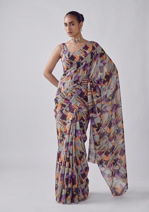 Grey Printed Georgette Pre Draped Saree Set