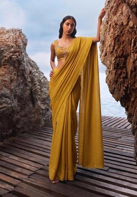 Mustard Printed Organza Pre Draped Saree Set