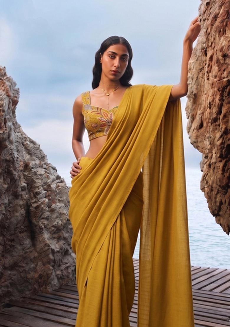 Mustard Printed Organza Pre Draped Saree Set - Indya