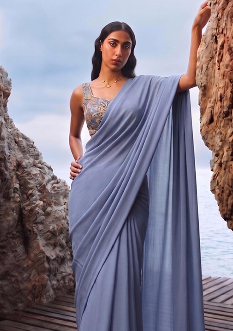 Pastel Blue Printed Organza Pre Draped Saree Set - Indya