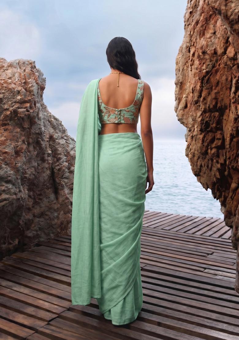 Mint Green Printed Organza Pre Draped Saree Set - Indya