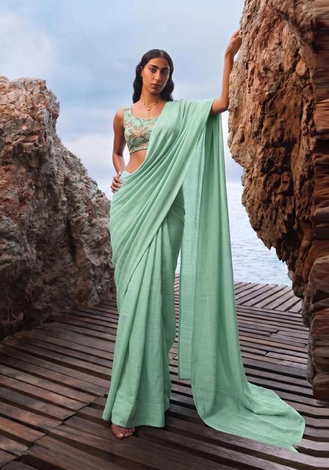 Mint Green Printed Organza Pre Draped Saree Set